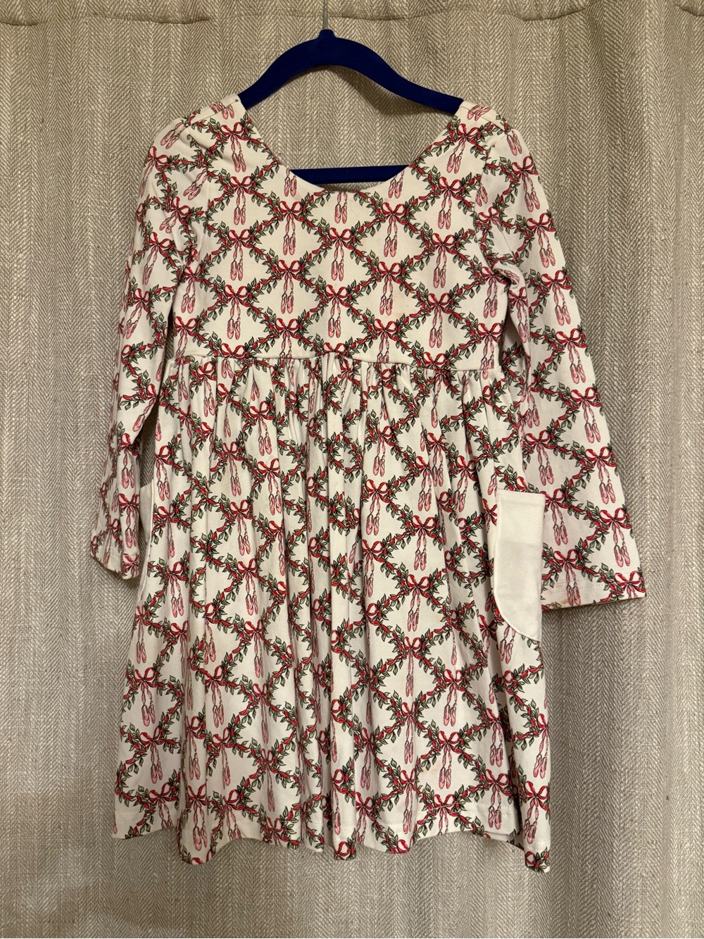 Girls Cream Long-Sleeve Festive Bow Print Dress